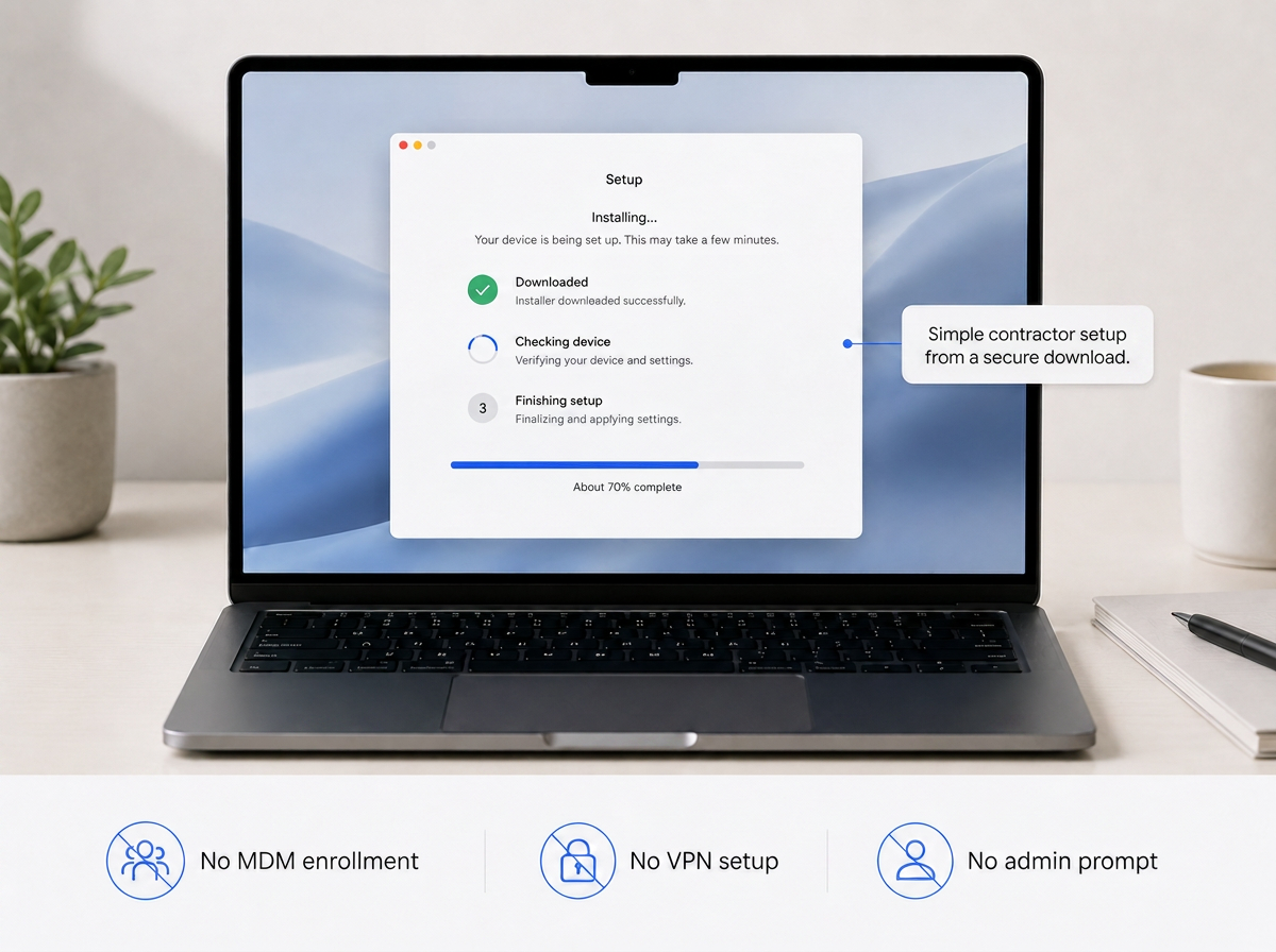 Contractor laptop running the PosturePass installer, with labels reading no MDM enrollment, no VPN setup, and no admin prompt