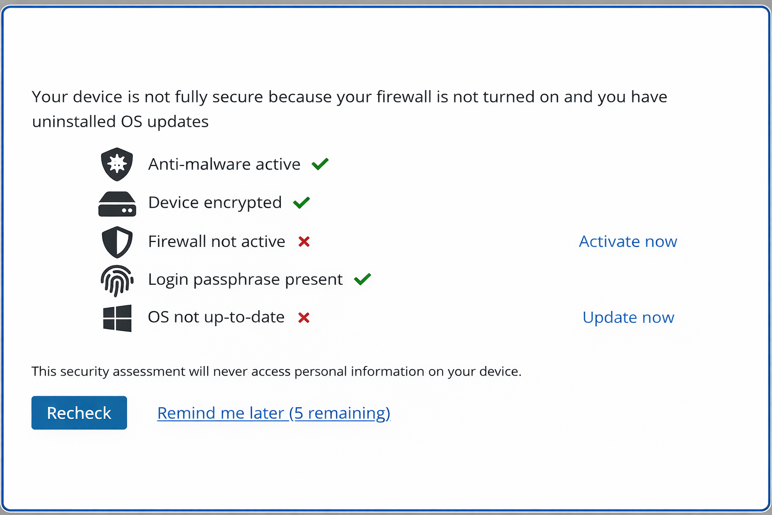 Ensure Endpoint security assessment showing device posture checks