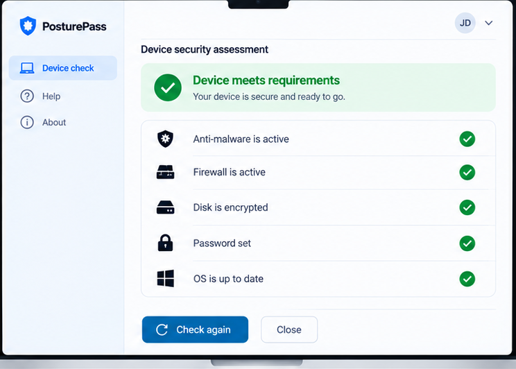 PosturePass window showing Device meets requirements. Every check is passed, with a Check again button.