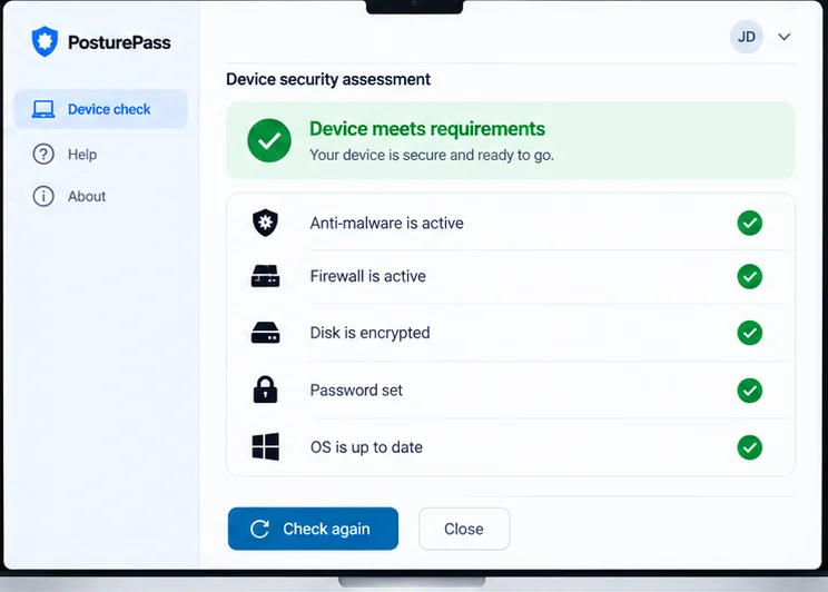PosturePass window showing Device meets requirements. Every check is passed, with a Check again button.