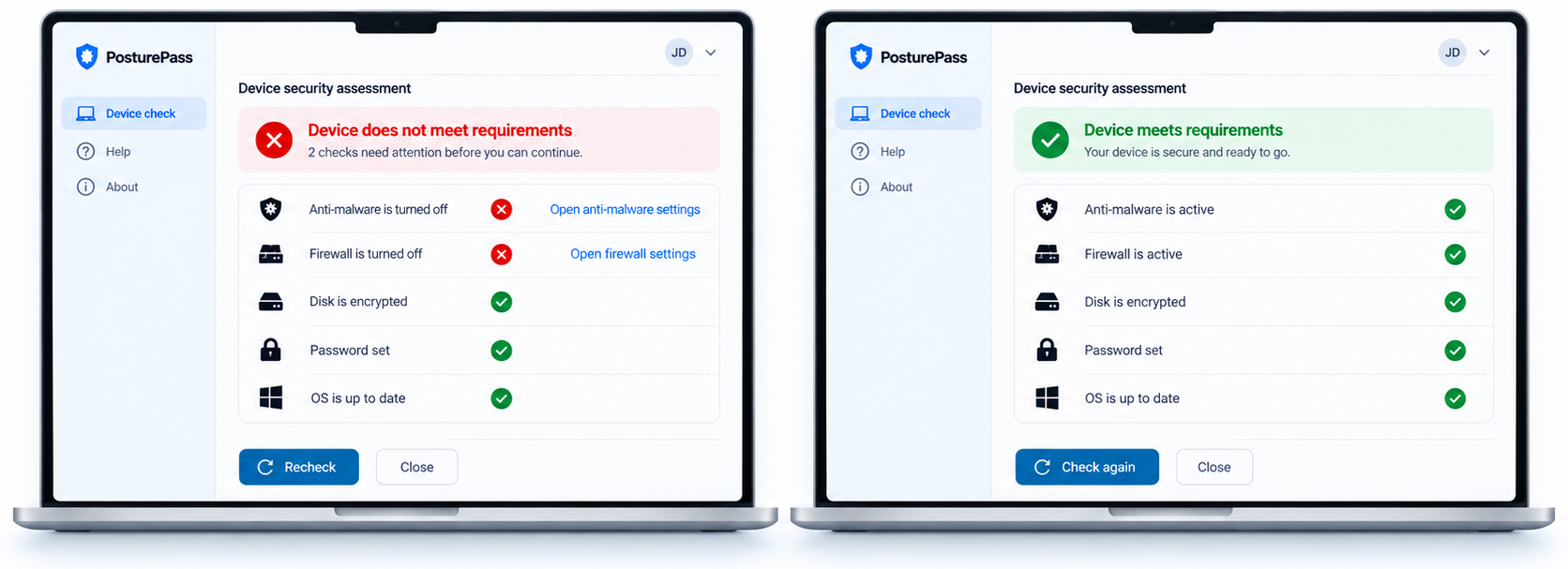 Two PosturePass windows side by side. Left: Device does not meet requirements, with anti-malware and firewall turned off and steps to open each setting. Right: Device meets requirements, with every check passed.
